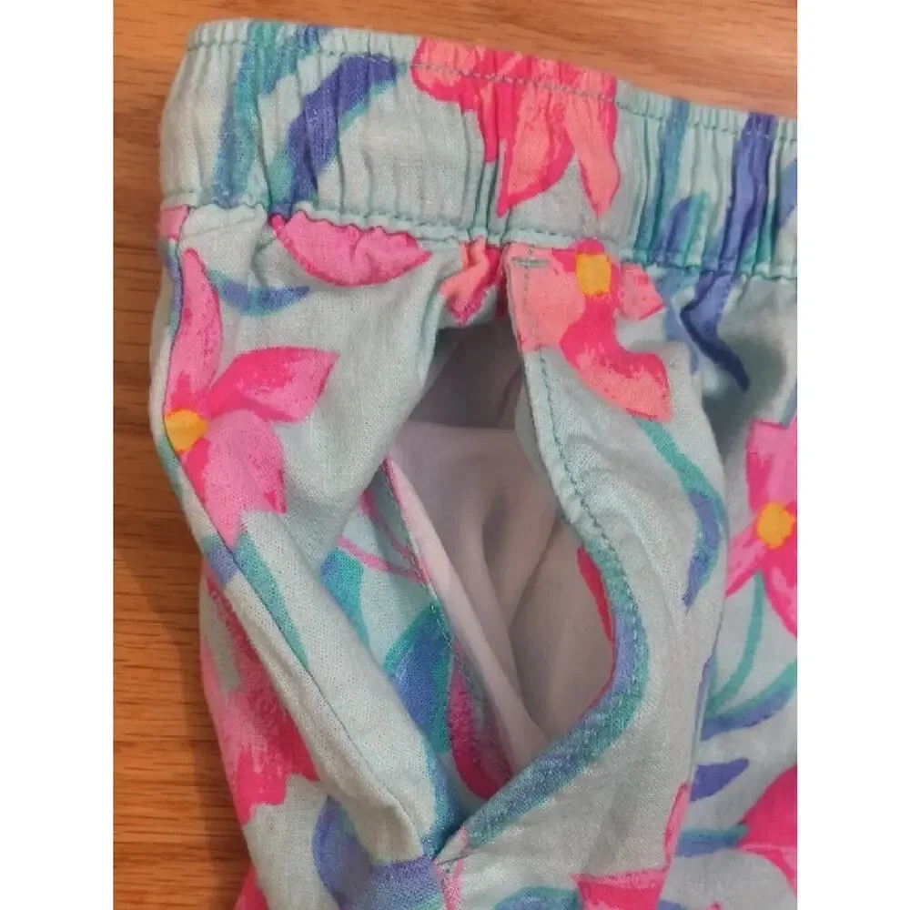 OshKosh B'gosh Aqua & Pink Floral Drawstring Linen Blend Shorts Size 12 GU
